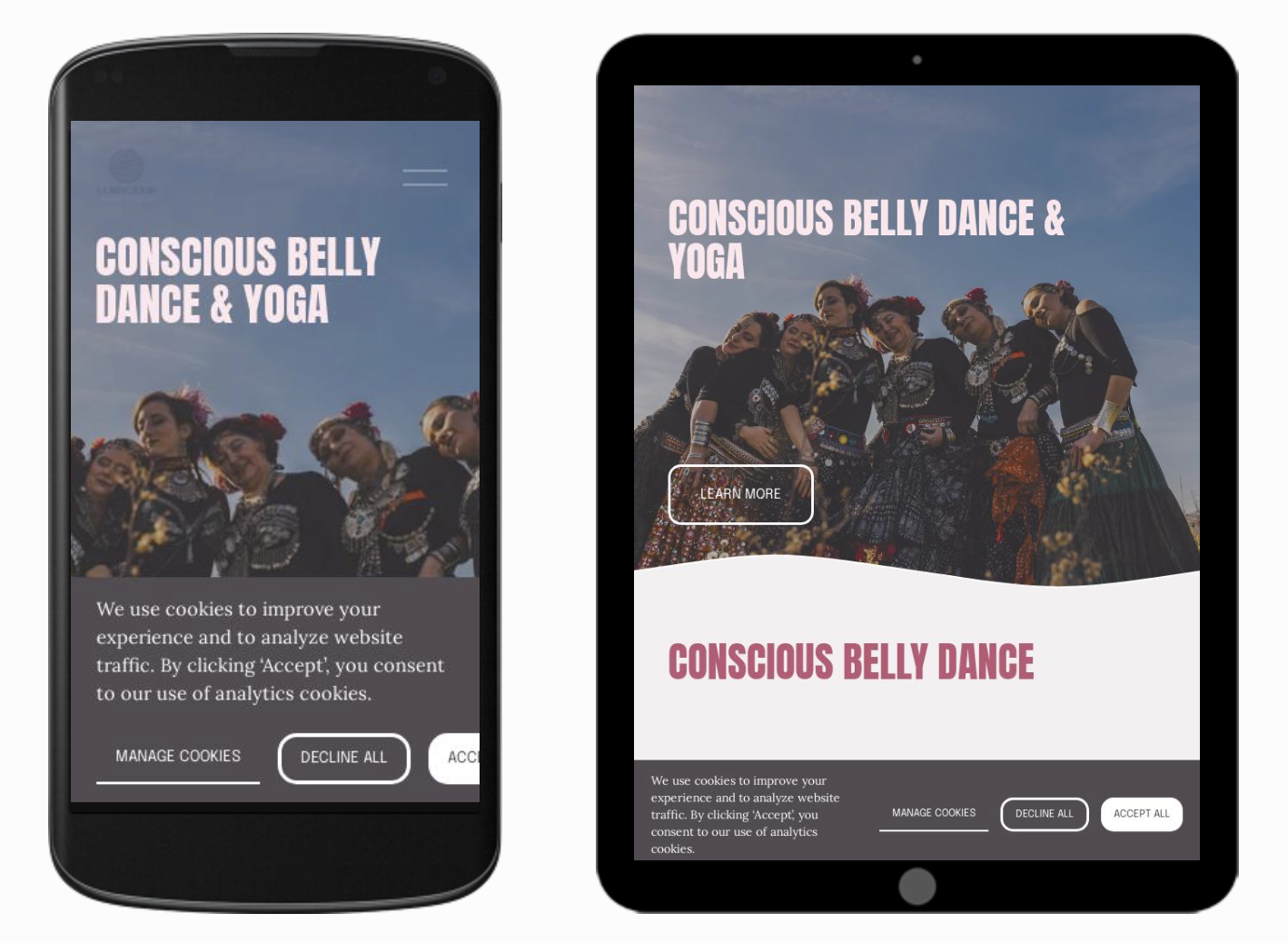 Client Website Project, a Squarespace website for dance and yoga classes featuring custom CSS adjustments for device responsiveness, integrated contact forms, and a clean, calming layout tailored to the client’s brand.