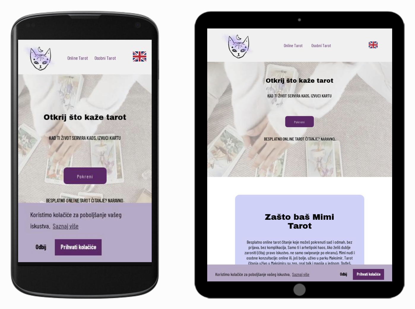 An interactive tarot web app offering animated card reveals, multilingual support, booking system integration, and dynamic readings. Coded from scratch in vanilla JS with smooth animations and a responsive layout.